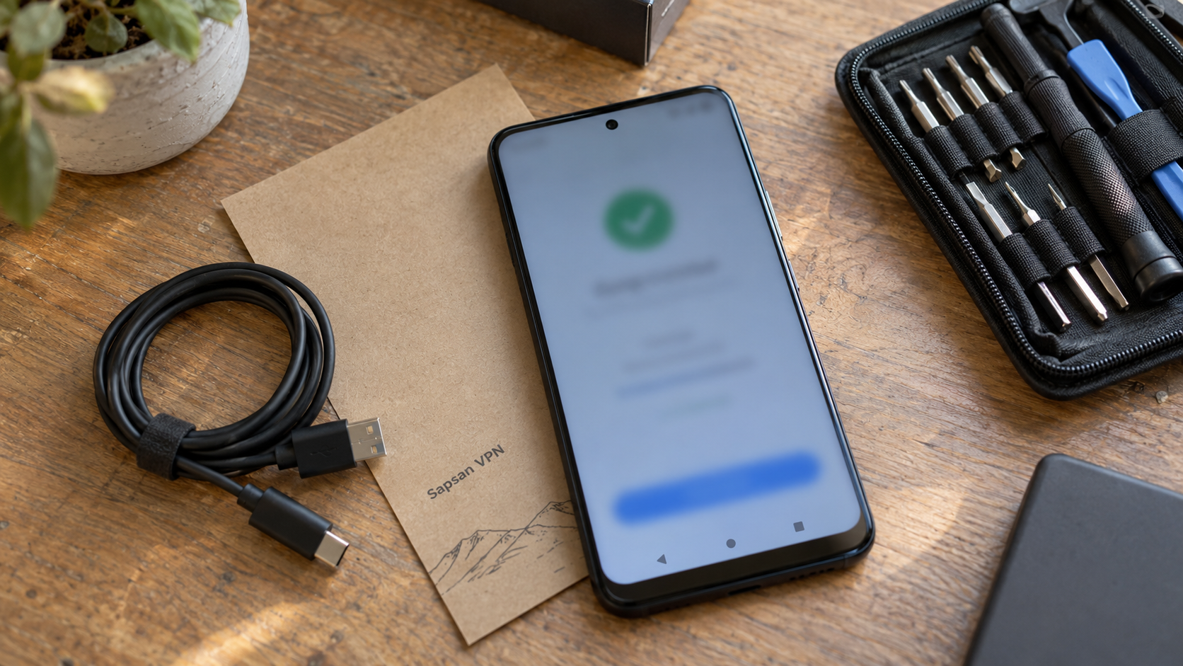 Android-телефон и карточка установки на рабочем столе